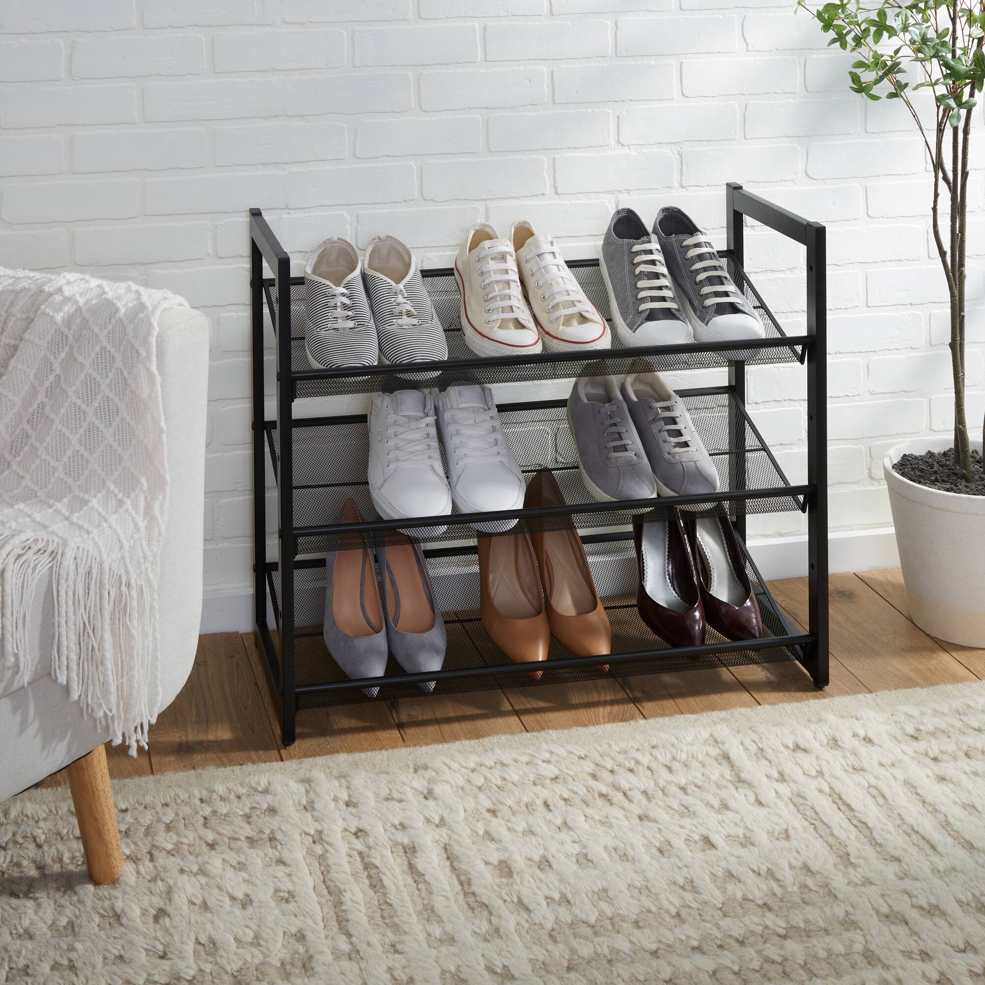 Organize It All 30" Wide Black 3 Tier Adjustable Mesh Shoe Rack